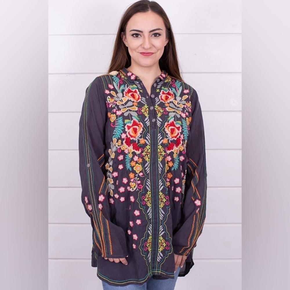 Johnny Was / Lindsey Tunic Top Graphite Embroidered Long Sleeve Medium M